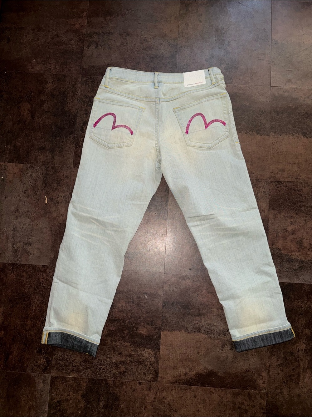Evisu Light Wash Women's Jeans with Pink glitter Back Pocket Accent
